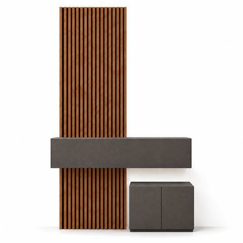 Composizione ingresso INFINITY 297 con pannelli dogati, mobile a ribalta e panca a 2 ante