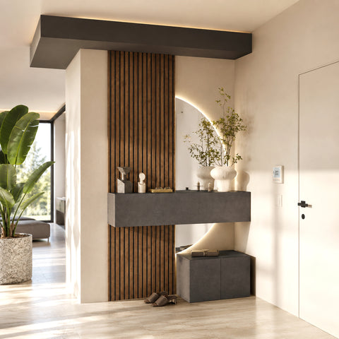 Composizione ingresso INFINITY 297 con pannelli dogati, mobile a ribalta e panca a 2 ante