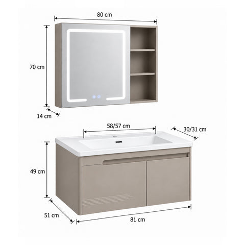 Set Mobile Bagno Sospeso MAGNOLIA 80 cm in Alluminio con Lavabo in Ceramica e Specchiera LED Touch Screen Antiappannamento