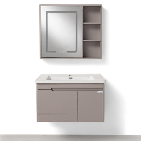 Set Mobile Bagno Sospeso MAGNOLIA 80 cm in Alluminio con Lavabo in Ceramica e Specchiera LED Touch Screen Antiappannamento