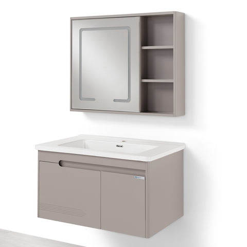 Set Mobile Bagno Sospeso MAGNOLIA 80 cm in Alluminio con Lavabo in Ceramica e Specchiera LED Touch Screen Antiappannamento