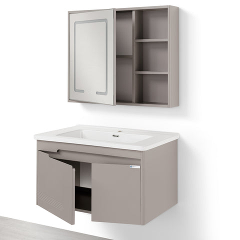 Set Mobile Bagno Sospeso MAGNOLIA 80 cm in Alluminio con Lavabo in Ceramica e Specchiera LED Touch Screen Antiappannamento