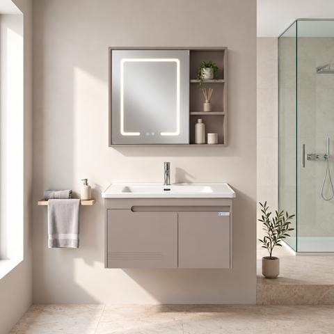 Set Mobile Bagno Sospeso MAGNOLIA 80 cm in Alluminio con Lavabo in Ceramica e Specchiera LED Touch Screen Antiappannamento