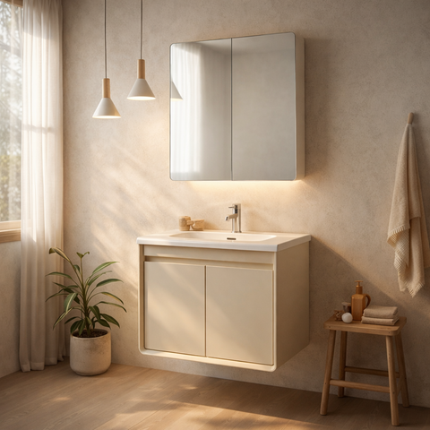 Mobile Bagno Sospeso 60/80/100 cm MIMOSA in alluminio con ante e cassetti, specchiera sospesa, lavabo in ceramica