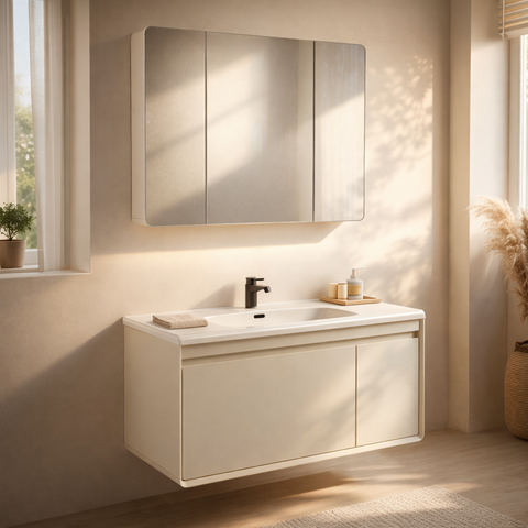 Mobile Bagno Sospeso 60/80/100 cm MIMOSA in alluminio con ante e cassetti, specchiera sospesa, lavabo in ceramica