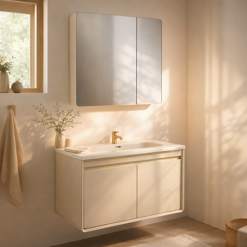 Mobile Bagno Sospeso 60/80/100 cm MIMOSA in alluminio con ante e cassetti, specchiera sospesa, lavabo in ceramica