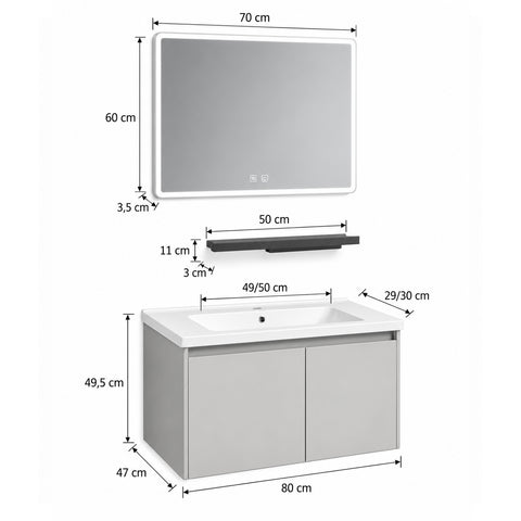 Set Mobile Bagno Sospeso NARCISO 80 cm in Alluminio con Lavabo in Ceramica, Specchio LED Touch screen Antiappannamento e Mensola