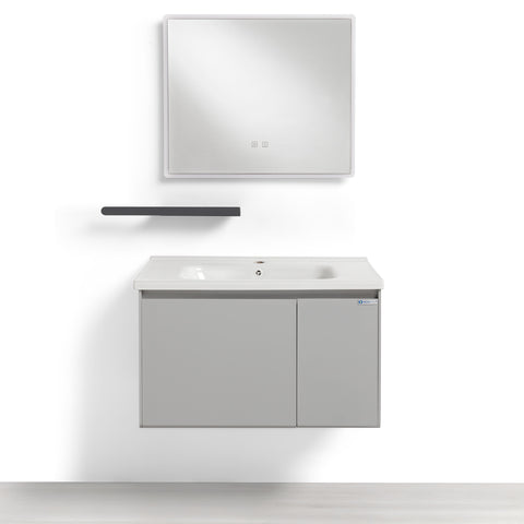 Set Mobile Bagno Sospeso NARCISO 80 cm in Alluminio con Lavabo in Ceramica, Specchio LED Touch screen Antiappannamento e Mensola