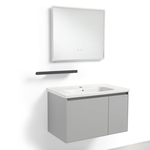 Set Mobile Bagno Sospeso NARCISO 80 cm in Alluminio con Lavabo in Ceramica, Specchio LED Touch screen Antiappannamento e Mensola