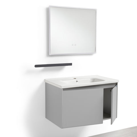 Set Mobile Bagno Sospeso NARCISO 80 cm in Alluminio con Lavabo in Ceramica, Specchio LED Touch screen Antiappannamento e Mensola