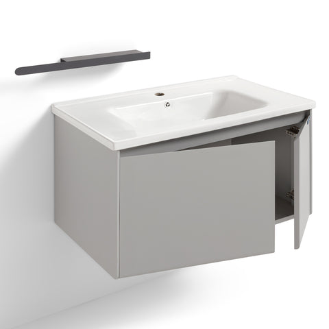 Set Mobile Bagno Sospeso NARCISO 80 cm in Alluminio con Lavabo in Ceramica, Specchio LED Touch screen Antiappannamento e Mensola