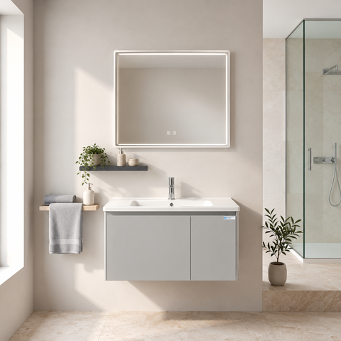 Set Mobile Bagno Sospeso NARCISO 80 cm in Alluminio con Lavabo in Ceramica, Specchio LED Touch screen Antiappannamento e Mensola