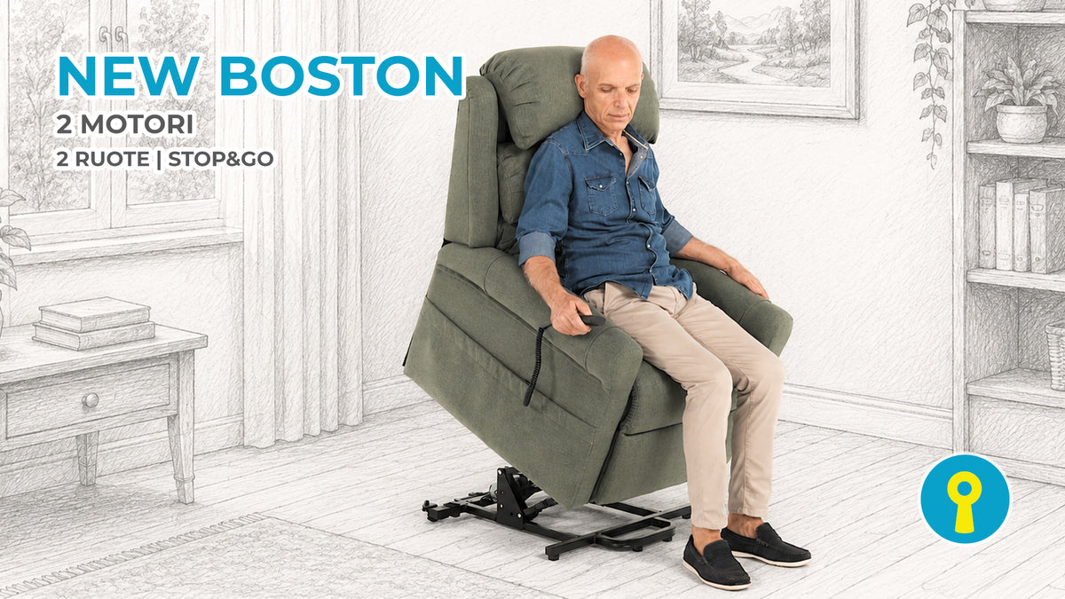 Poltrona relax elettrica alzapersona New Boston con 2 motori indipendenti e sistema Stop&Go a 2 ruote, in posizione alzapersona per facilitare la seduta e l'alzata