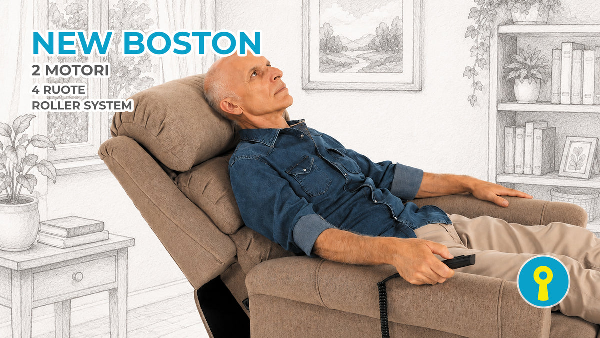 Poltrona relax elettrica alzapersona New Boston con 2 motori e Roller System a 4 ruote, reclinata in posizione relax per garantire comfort e benessere quotidiano