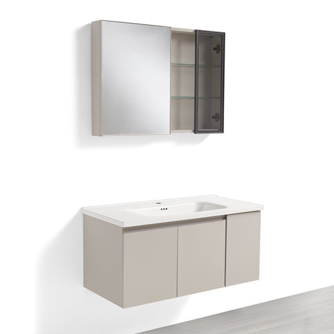 Mobile Bagno Sospeso 100 cm NINFEA in alluminio, con 3 ante, specchio contenitore a 2 ante, lavabo in ceramica