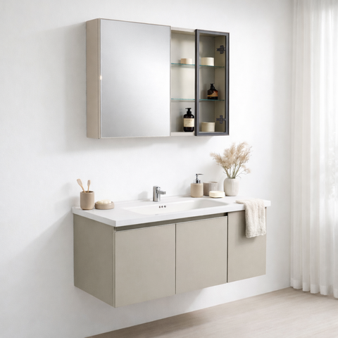 Mobile Bagno Sospeso 100 cm NINFEA in alluminio, con 3 ante, specchio contenitore a 2 ante, lavabo in ceramica