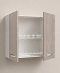 Pensile scolapiatti sospeso per cucina componibile da 80 cm con doppia anta finitura olmo effetto legno, struttura bianca e pratico scolapiatti integrato a due ripiani. Ideale per asciugare e organizzare piatti, bicchieri e stoviglie in cucine moderne e funzionali.