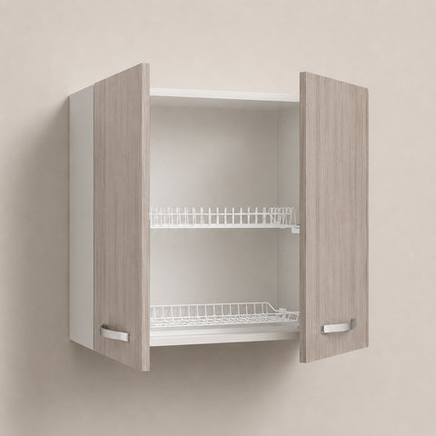 Pensile scolapiatti sospeso per cucina componibile da 80 cm con doppia anta finitura olmo effetto legno, struttura bianca e pratico scolapiatti integrato a due ripiani. Ideale per asciugare e organizzare piatti, bicchieri e stoviglie in cucine moderne e funzionali.