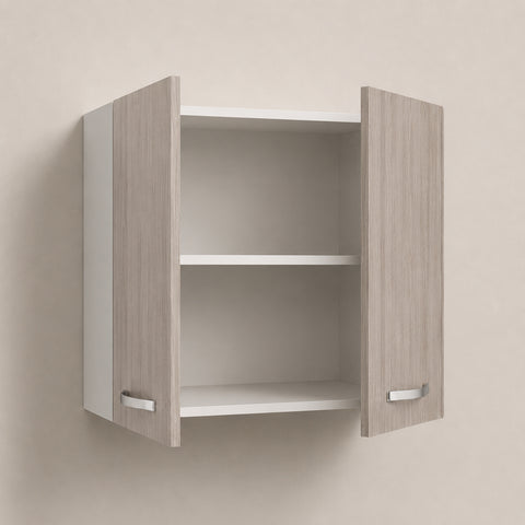 Pensile sospeso per cucina componibile da 80 cm con doppia anta finitura olmo chiaro effetto legno, struttura bianca e pratico ripiano interno. Soluzione capiente e funzionale per organizzare stoviglie, alimenti e accessori, perfetta per cucine moderne e contemporanee.