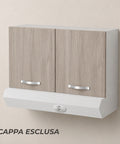 Pensile cappa per cucina componibile da 90 cm con doppia anta finitura olmo chiaro effetto legno, struttura bianca e vano dedicato all'inserimento della cappa filtrante. Ideale per completare cucine moderne garantendo funzionalità, ordine e continuità estetica.