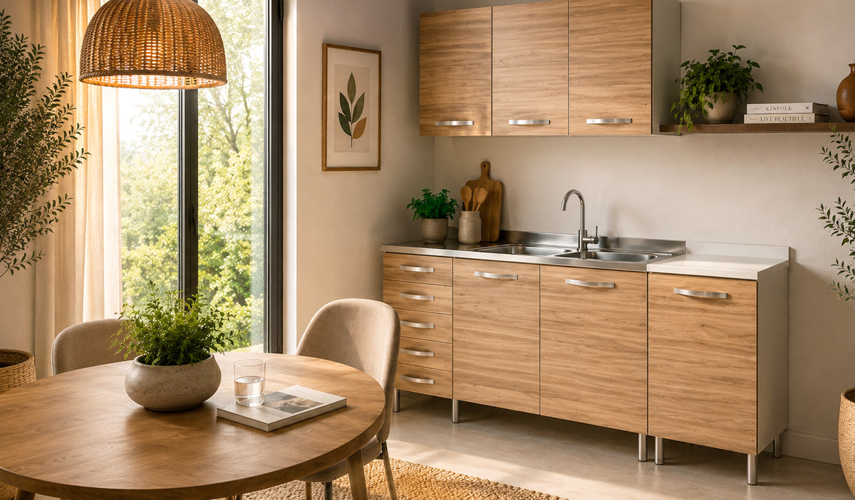 Cucina componibile completa in finitura noce con struttura bianca, lavello in acciaio inox, basi con ante e cassetti, pensili coordinati e design moderno. Soluzione funzionale e compatta ideale per lavanderie, cucine di servizio, case vacanza e ambienti multifunzionali.