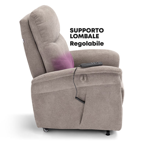 Poltrona elettrica relax 4 motori Parigi con poggiatesta e cuscino lombare regolabili, Kit Optional Roller System e Kit Optional Batteria