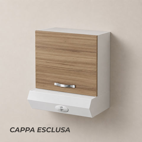 Pensile cappa per cucina componibile da 60 cm con anta singola finitura noce effetto legno e struttura bianca. Progettato per l'alloggiamento della cappa filtrante, garantisce praticità, spazio contenitivo e continuità estetica nelle cucine moderne.