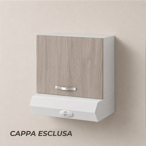 Pensile cappa per cucina componibile da 60 cm con anta finitura olmo chiaro effetto legno e struttura bianca. Ideale per l'inserimento della cappa filtrante, completa la composizione della cucina con uno stile moderno e funzionale, mantenendo uniformità estetica e praticità.