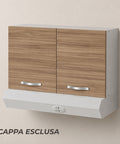 Pensile cappa per cucina componibile da 90 cm con doppia anta finitura noce effetto legno e struttura bianca. Progettato per l'alloggiamento della cappa aspirante, garantisce praticità, spazio contenitivo e continuità estetica nelle cucine moderne.