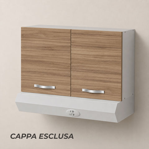 Pensile cappa per cucina componibile da 90 cm con doppia anta finitura noce effetto legno e struttura bianca. Progettato per l'alloggiamento della cappa aspirante, garantisce praticità, spazio contenitivo e continuità estetica nelle cucine moderne.