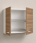 Pensile scolapiatti sospeso per cucina componibile da 80 cm con doppia anta finitura noce effetto legno, struttura bianca e pratico scolapiatti interno in acciaio. Ideale per l'organizzazione e l'asciugatura di piatti, bicchieri e stoviglie nelle cucine moderne.