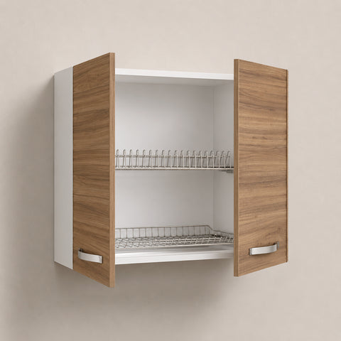 Pensile scolapiatti sospeso per cucina componibile da 80 cm con doppia anta finitura noce effetto legno, struttura bianca e pratico scolapiatti interno in acciaio. Ideale per l'organizzazione e l'asciugatura di piatti, bicchieri e stoviglie nelle cucine moderne.