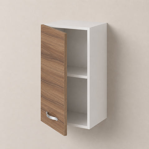 Pensile sospeso per cucina componibile da 40 cm con anta singola finitura noce effetto legno, struttura bianca e pratico ripiano interno. Perfetto per organizzare stoviglie, alimenti e accessori mantenendo uno stile moderno ed elegante.