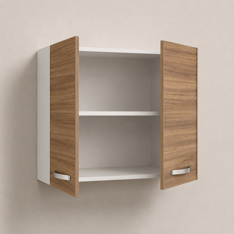 Pensile sospeso per cucina componibile da 80 cm con doppia anta finitura noce effetto legno, struttura bianca e ampio vano con ripiano interno. Perfetto per aumentare lo spazio contenitivo e completare cucine moderne con uno stile elegante e funzionale.