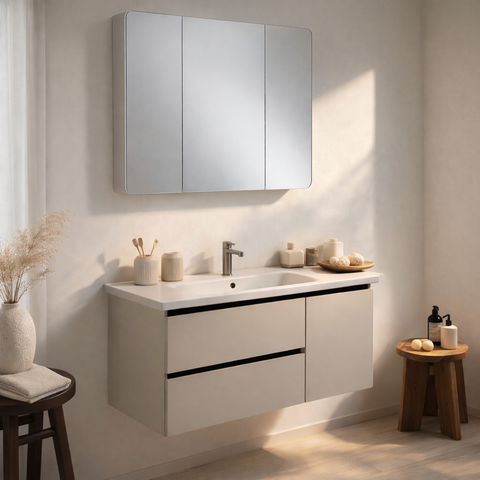 Mobile Bagno Sospeso 60/80/100 cm PEONIA in alluminio con ante e cassetti, specchiera sospesa, lavabo in ceramica