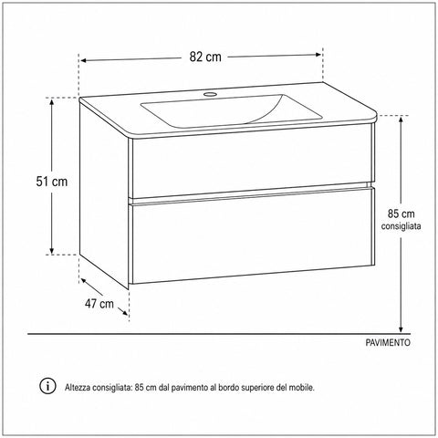 Mobile bagno sospeso Start 80 cm bianco lucido con lavabo in ceramica