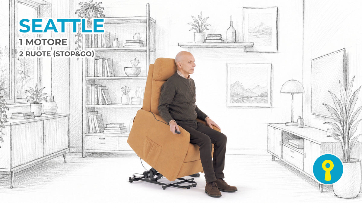 Poltrona relax elettrica alzapersona Seattle con 1 motore e sistema Stop&Go a 2 ruote, in posizione alzapersona per facilitare la seduta e l'alzata in totale sicurezza