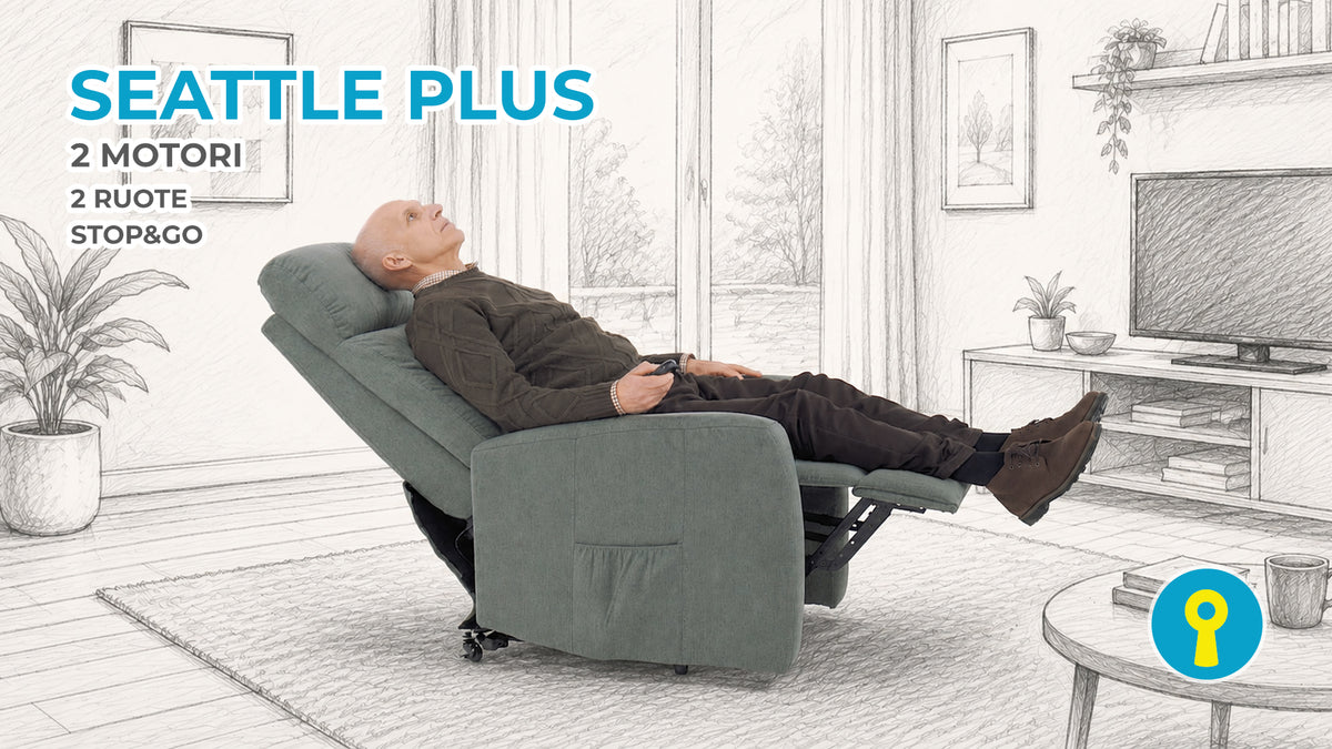 Poltrona relax elettrica alzapersona Seattle Plus con 2 motori indipendenti e sistema Stop&Go, reclinata in posizione relax per il massimo comfort.