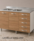 Sottolavello cucina componibile da 120 cm con 2 ante e 4 cassetti in finitura noce. Mobile base per lavello con ampio spazio contenitivo, ideale per cucine moderne, classiche e componibili.