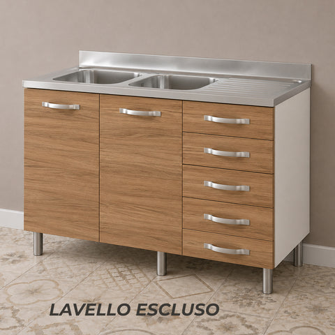 Sottolavello cucina componibile da 120 cm con 2 ante e 4 cassetti in finitura noce. Mobile base per lavello con ampio spazio contenitivo, ideale per cucine moderne, classiche e componibili.