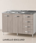 Sottolavello cucina componibile da 120 cm con 2 ante e 4 cassetti in finitura olmo chiaro. Mobile base per lavello con ampio spazio contenitivo, ideale per cucine moderne e funzionali.