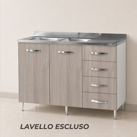 Sottolavello cucina componibile da 120 cm con 2 ante e 4 cassetti in finitura olmo chiaro. Mobile base per lavello con ampio spazio contenitivo, ideale per cucine moderne e funzionali.