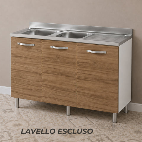 Sottolavello cucina componibile da 120 cm con 3 ante e finitura noce. Mobile base per lavello da cucina con ampio vano contenitivo, ideale per cucine moderne, classiche e componibili.