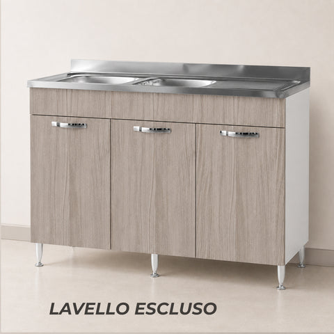 Mobile sottolavello da cucina 120 cm con 3 ante e finitura olmo chiaro. Soluzione pratica e resistente per cucine componibili, ideale per installazione con lavello a una o due vasche.