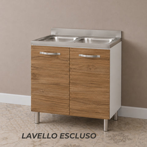 Sottolavello cucina componibile da 80 cm con 2 ante e finitura noce. Mobile base per lavello da cucina dal design moderno, ideale per ottimizzare lo spazio in cucine compatte e componibili.