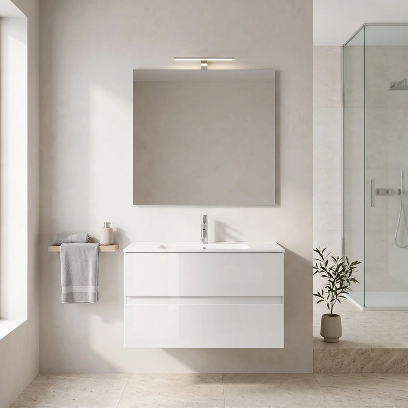 Mobile bagno sospeso Start 80 cm bianco lucido con 2 cassetti e lavabo in ceramica
