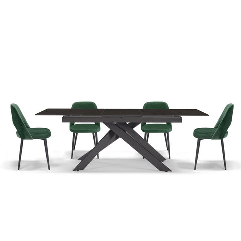 Tavolo con top in grès ceramico effetto granito e struttura in metallo con sedie imbottite in velluto e gambe in metallo