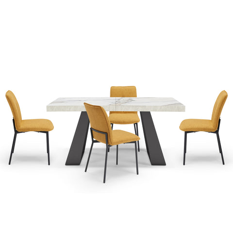Tavolo con top in legno effetto marmo carrara e gambe in metallo con sedie imbottite con gambe in metallo