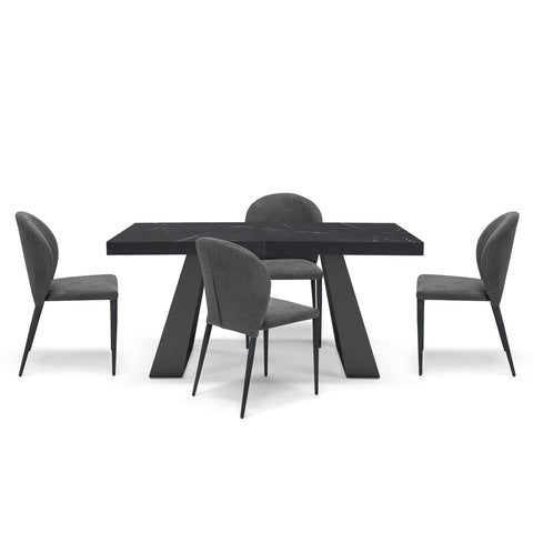 Tavolo con top in legno effetto pietra con gambe in metallo e sedie imbottite con gambe in metallo