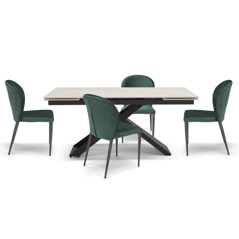 Tavolo con top in grès ceramico effetto marmo con struttura in metallo e sedie imbottite con gambe in metallo